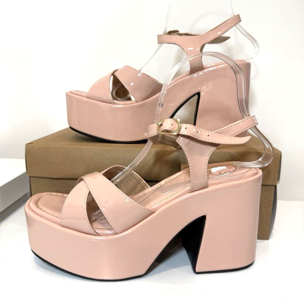 MKS Platform Sandal Heels Pink Blush Retro 70s Chunky Patent Leather 8 Strappy